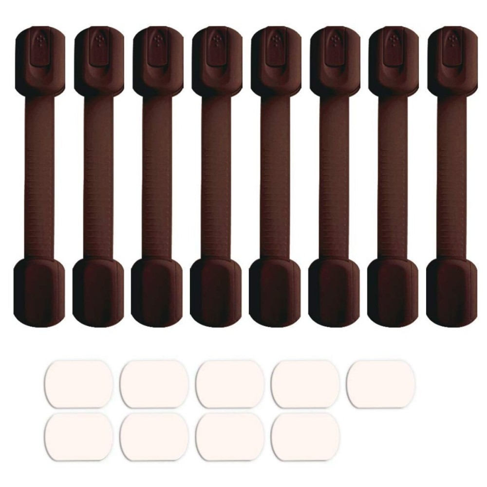 Baby Safety Locks - Child Proof Adjustable Latches for Cupboard Doors and Drawers Dresser Doors Closet Toilet Seat Oven Refrigerator Appliances,8 Pack Brown,Free 9 Extra Adhesive Pads
