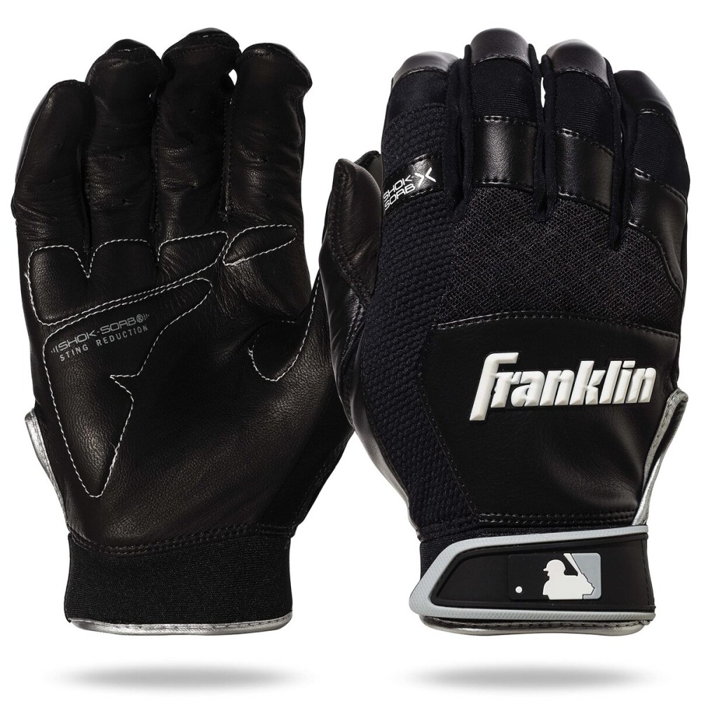 Franklin Sports MLB Baseball Batting Gloves - Shok-Sorb X Batting Gloves for Baseball + Softball - Adult + Youth Padded Non-Sting Pairs - Black/Black - Adult Small