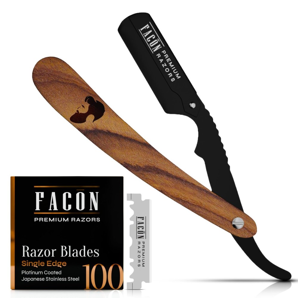 Facn Straight Razors for Men - Professional Barber Straight Edge Razor Kit with 100 Blades, Wooden Stainless Steel Barbero Shaver for a Smooth & Precise Shave, Premium Barber Razor for Men\'s Shaving