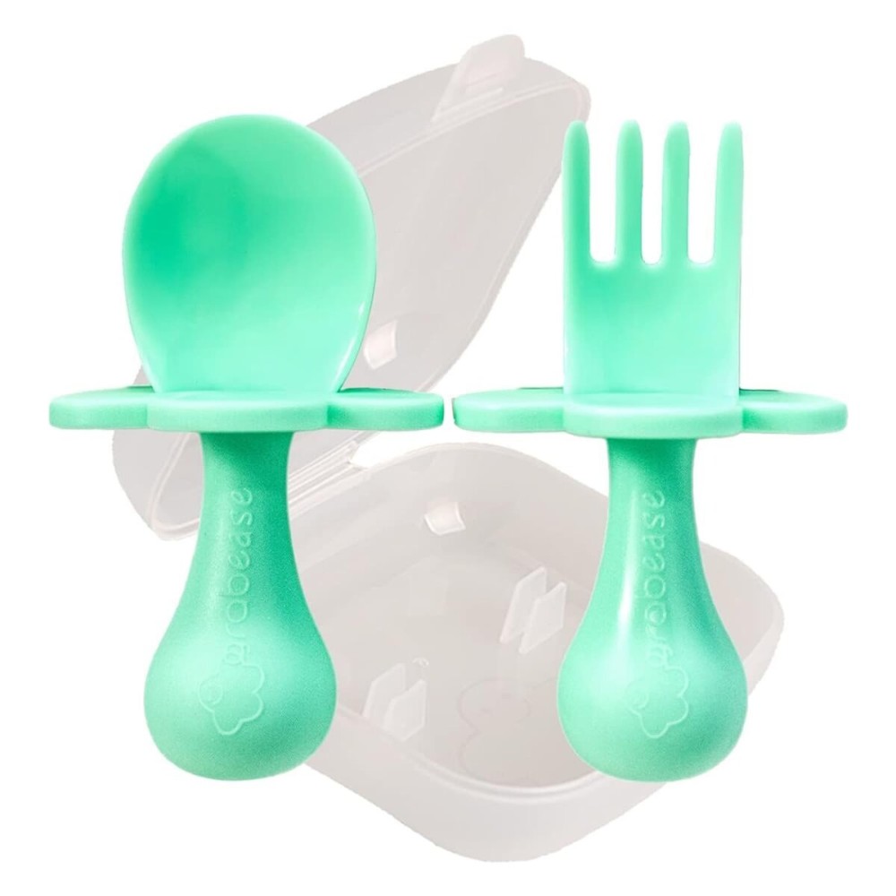 Grabease Baby Silverware Set - Toddler Spoon for Self-Feeding Support - Anti-Choke Collar Infant Fork - Phthalate-Free Construction Baby Feeding Utensils - Mint, Plastic, Pack of 1