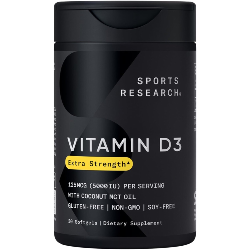 Sports Research Vitamin D3 5000 IU with Coconut MCT Oil - Extra Strength Vitamin D Supplement - Non-GMO Verified, Gluten & Soy Free - 125mcg, 30 Liquid Softgels