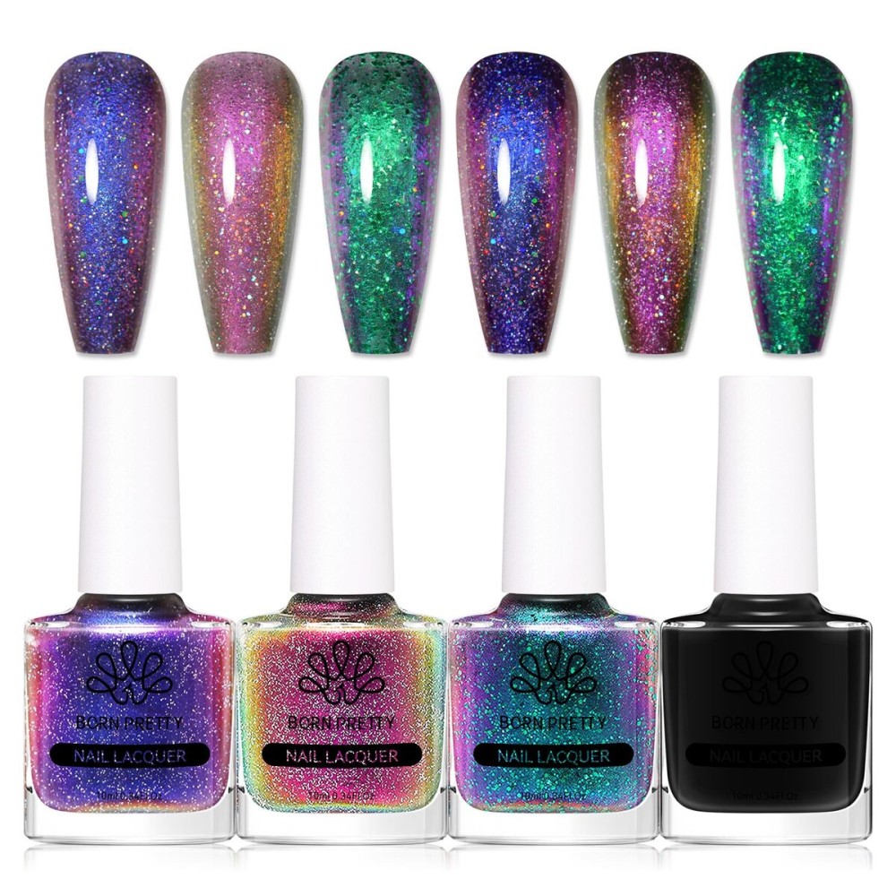 BORN PRETTY Chameleon Nail Polish Set Holographic Glitter Polish Shimmer Nail Art Polish with Black Nail Polish Multicolored Nail Art Varnish 4 Bottles