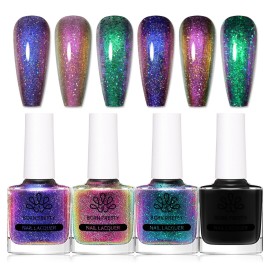 BORN PRETTY Chameleon Nail Polish Set Holographic Glitter Polish Shimmer Nail Art Polish with Black Nail Polish Multicolored Nail Art Varnish 4 Bottles