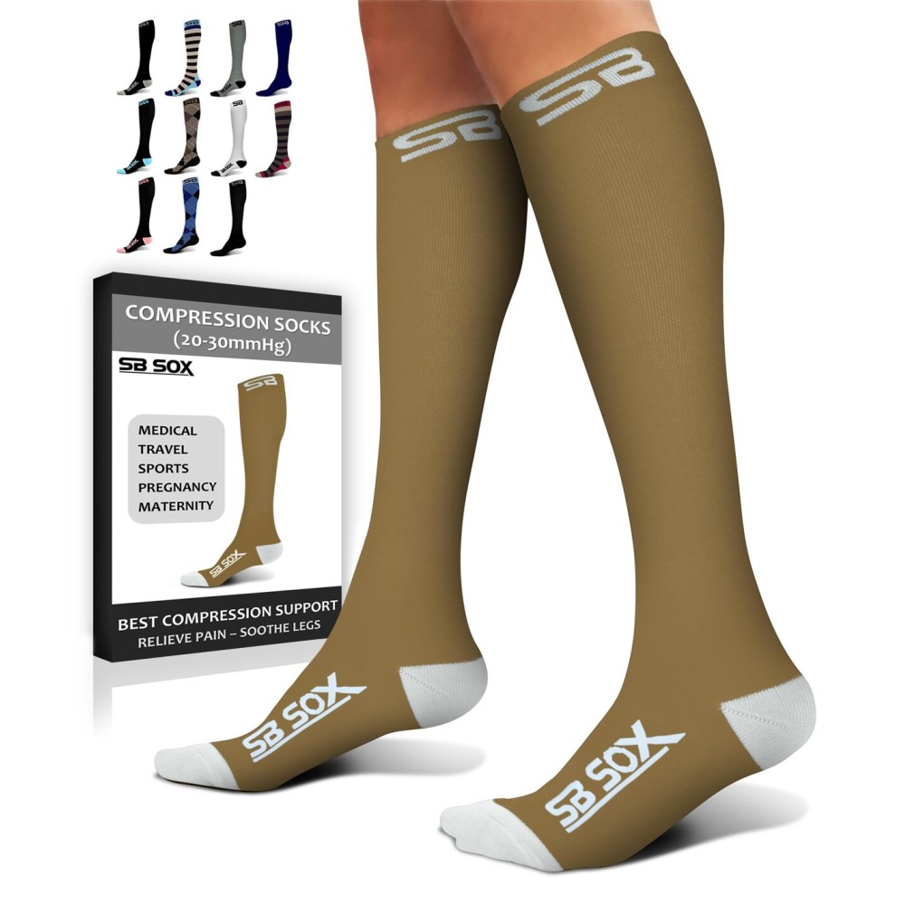 SB SOX Compression Socks for Men & Women (20-30 mmHg) - Best Support Stockings for Travel, Medical, and Sports - Perfect for Everyday Wear (Medium, Nude/White)