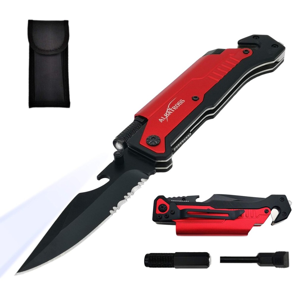 ALBATROSS 6-in-1 Survival Tactical Military Folding Pocket Knives with LED Light,Rope Cutter,Glass Breaker,Magnesium Fire Starter,Bottle Opener;Multi-Function Emergency Tool(Red)