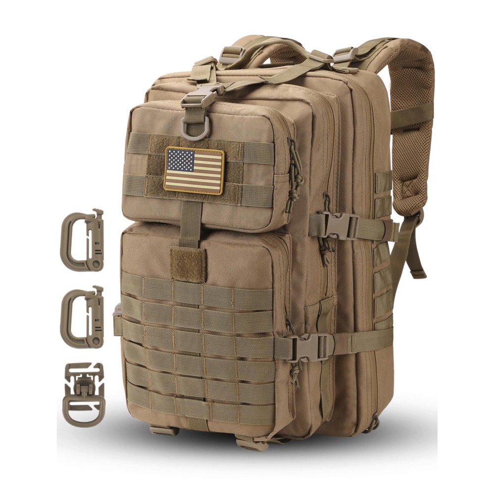 Hannibal Tactical MOLLE Assault Pack, Tactical Backpack Military Army Camping Rucksack, 3-Day Pack Trip w/USA Flag Patch, D-Rings, Coyote