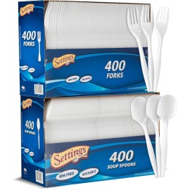 Settings Plastic White 400 Forks And 400 Spoons, Practical Disposable Cutlery, Great For Thanksgiving Home, Office, School, Party, Picnics, Restaurant, Take-out Fast Food, Events, Or Every Day Use