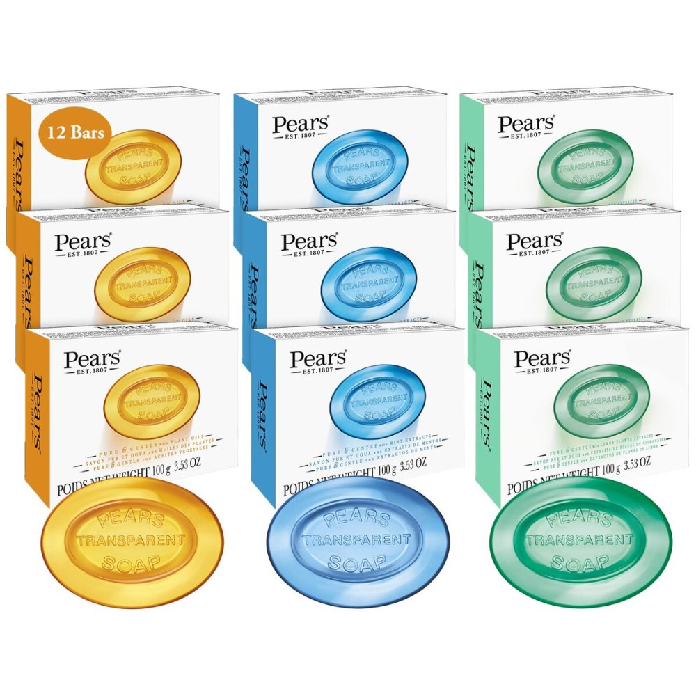 Pears Glycerin Soap Variety 12-Pack - Transparent Amber, Blue & Green Bars for Soft, Glowing Skin, 3.53 Oz Ea