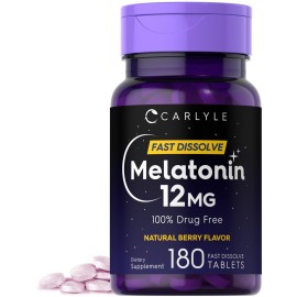 Carlyle Melatonin 12 mg Fast Dissolve 180 Tablets | Drug Free | Natural Berry Flavor | Vegetarian, Non-GMO, Gluten Free