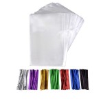 MoloTAR 200 Pcs 6 in x 4 in(1.4mil.) Clear Flat Cello Cellophane Treat Bags Good for Bakery, Cookies, Candies,Dessert with five random color Twist Ties