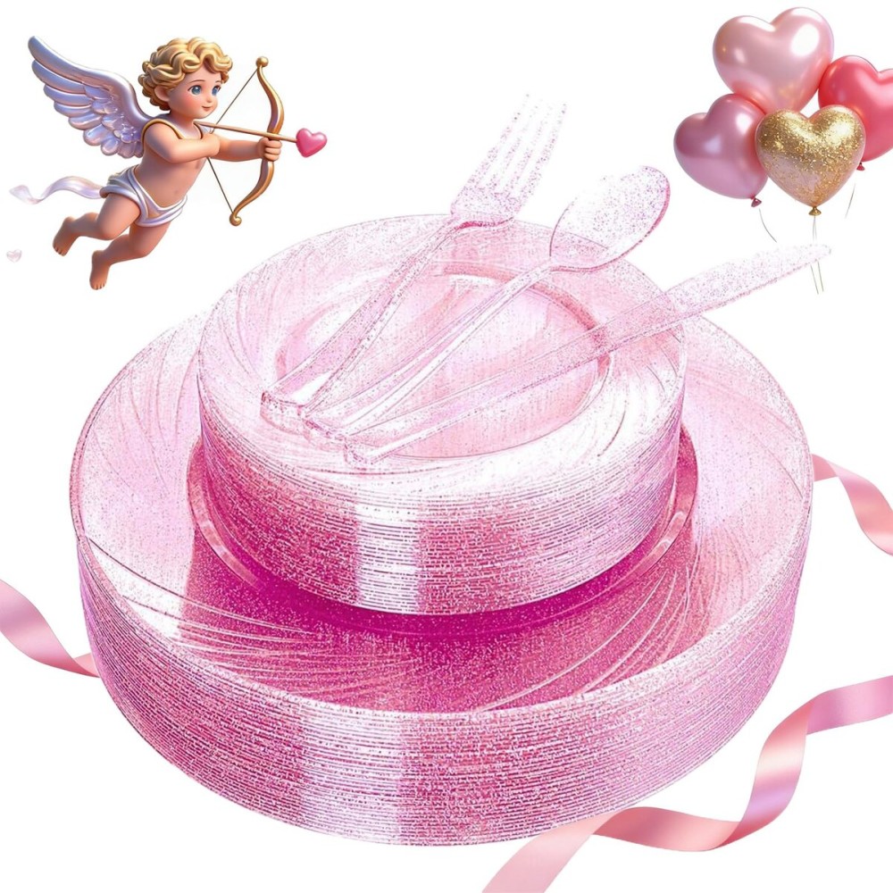 WDF Rose Gold Pink Plastic Plates with Pink Plastic Silverware include 40 Dinner & Salad Plates, 40Forks, 40 Knives, 40 Spoons for Wedding/Party/Valentine\'s Day