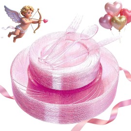 WDF Rose Gold Pink Plastic Plates with Pink Plastic Silverware include 40 Dinner & Salad Plates, 40Forks, 40 Knives, 40 Spoons for Wedding/Party/Valentine\'s Day