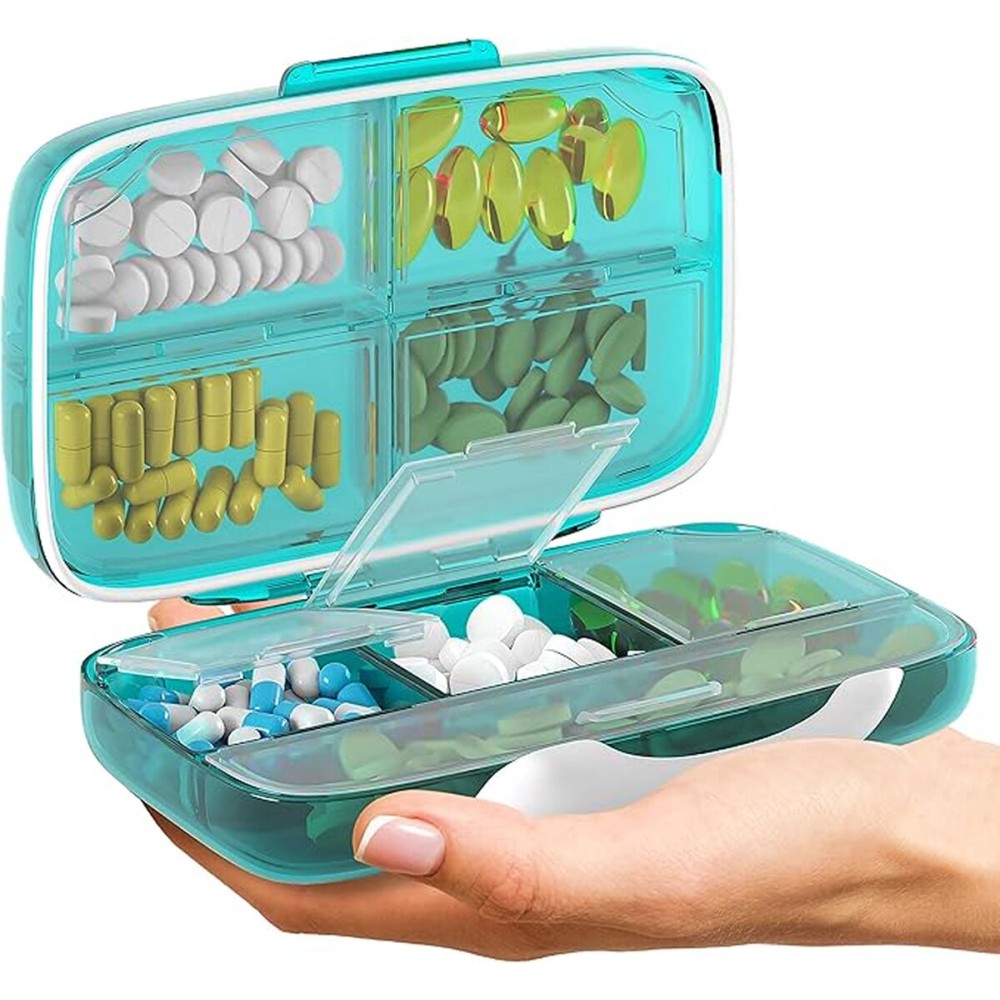 Travel Pill Organizer - Airtight Medicine Case for Traveling Portable Pharmacy Box with Labels Vitamin Container 8 Compartment Supplement Medication Holder Large Capacity Daily (Green)