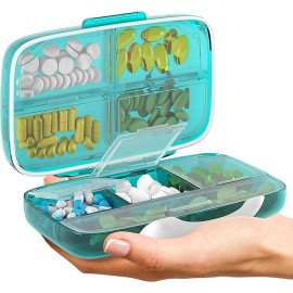 Travel Pill Organizer - Airtight Medicine Case for Traveling Portable Pharmacy Box with Labels Vitamin Container 8 Compartment Supplement Medication Holder Large Capacity Daily (Green)