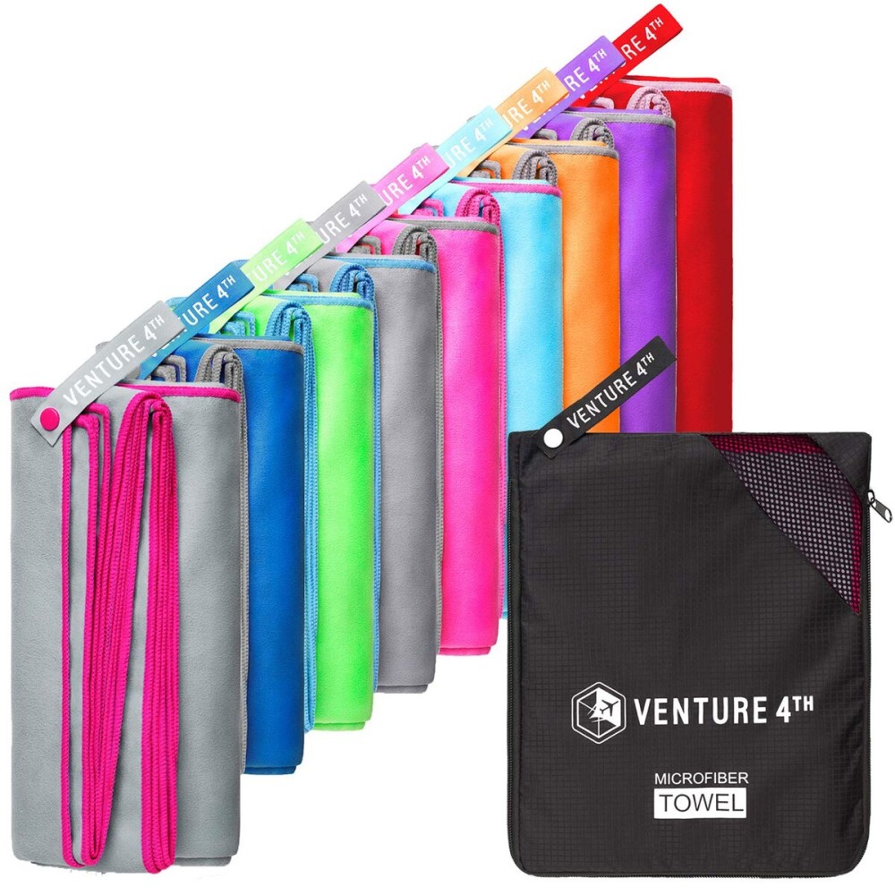VENTURE 4TH Microfibre Travel Towel - Sports Towel: Packable Personal Microtowel for Athletic Men and Women - Fluffy and Absorbing (Gray-Pink Large)