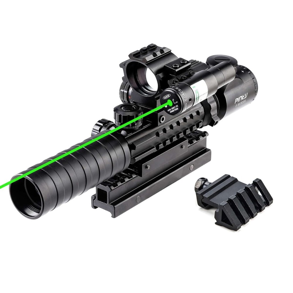 PINTY Rifle Scope Combo, Rangefinder Riflescope with Red Dot Sight & Laser, Illuminated Gun Scope with Adjustable Red & Green Reticle for Hunting Shooting Airsoft