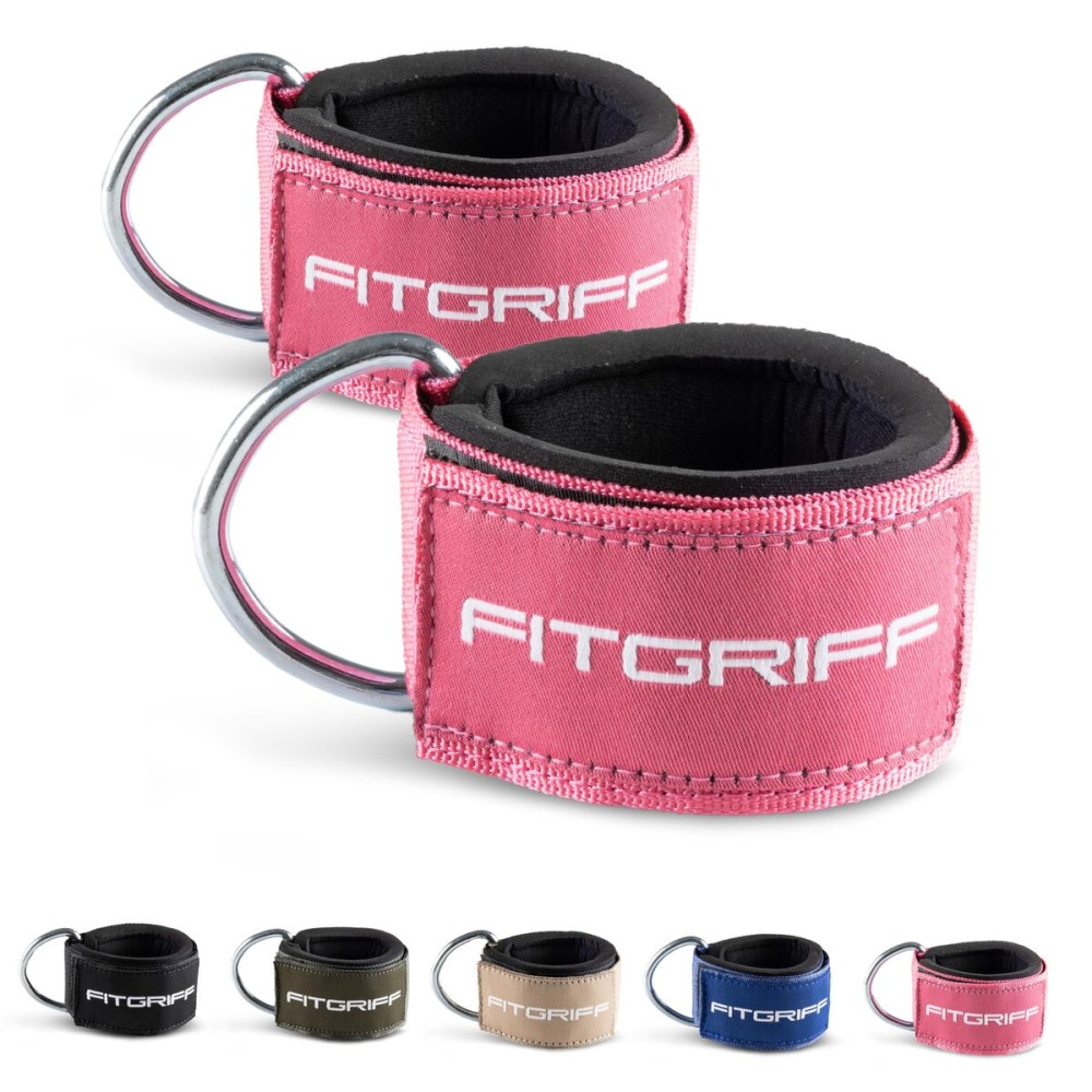 Fitgriff Ankle Straps V2 for Cable Machine (2 Pieces) - Gym Workout Equipment - Leg Pulley Attachment, Kickback Straps (Pink)