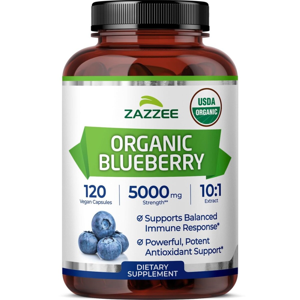 Zazzee USDA Organic Blueberry 10:1 Extract, 5000 mg Strength, 120 Vegan Capsules, 4 Month Supply, Concentrated and Standardized 10X Whole Fruit Extract, 100% Vegetarian, Non-GMO, Made in The USA