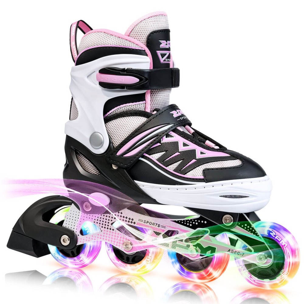2PM SPORTS Cytia Pink Girls Adjustable Illuminating Inline Skates with Light up Wheels, Fun Flashing Beginner Roller Skates for Kids (Pink, Large - Youth (3-6 US))