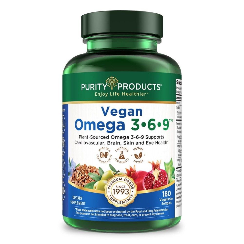 Purity Products Vegan Omega 3 6 9 Formula - 5 in 1 Essential Fatty Acid Complex - Scientifically Formulated Plant-Based Vegan Omega 3-6-9 Essential Fatty Acids (EFA) - 3 Month Supply - 180 Softgels