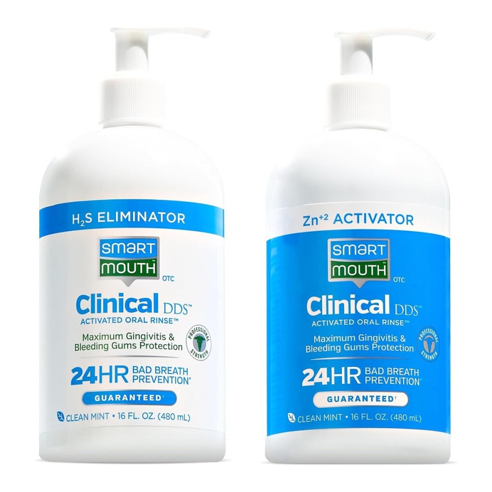 SmartMouth Clinical DDS 2-Bottle Activated Mouthwash with Pumps - Gum Health Support for Adults - 12-Hour Fresh Breath Mouthwash - Clean Mint Flavor, 32 fl oz (16 fl oz per Bottle)
