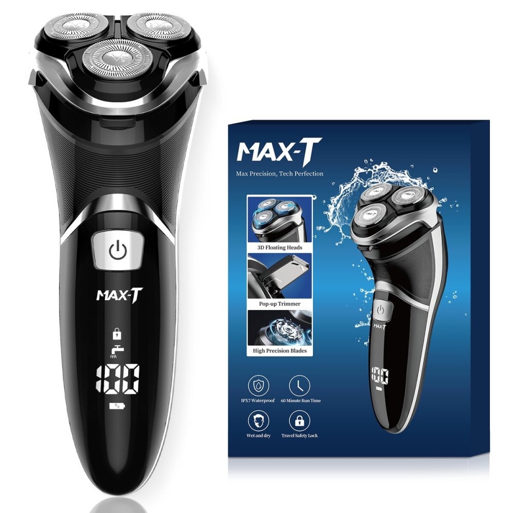 Men\'s Electric Shaver - MAX-T Corded and Cordless Rechargeable 3D Rotary Shaver Razor for Men with Pop-up Sideburn Trimmer Wet and Dry, IPX7 Waterproof, Plug & Play