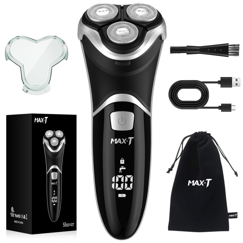 MAX-T Men\'s Electric Shaver - Corded and Cordless Rechargeable 3D Rotary Shaver Razor for Men with Pop-up Sideburn Trimmer Wet and Dry Painless 100-240V Black (Metal Black)