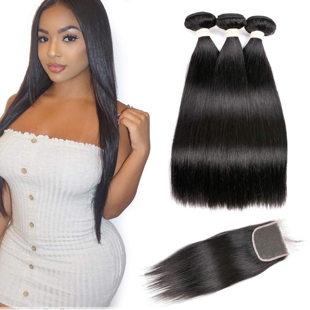 Beauhair Straight 3 Bundles with Closure Virgin Hair Free Part (14 16 18 with 14inch), 100% Unprocessed Remy Brazilian Human Hair Extensions, Hair Weft Weave With Lace Closure, Natural Color