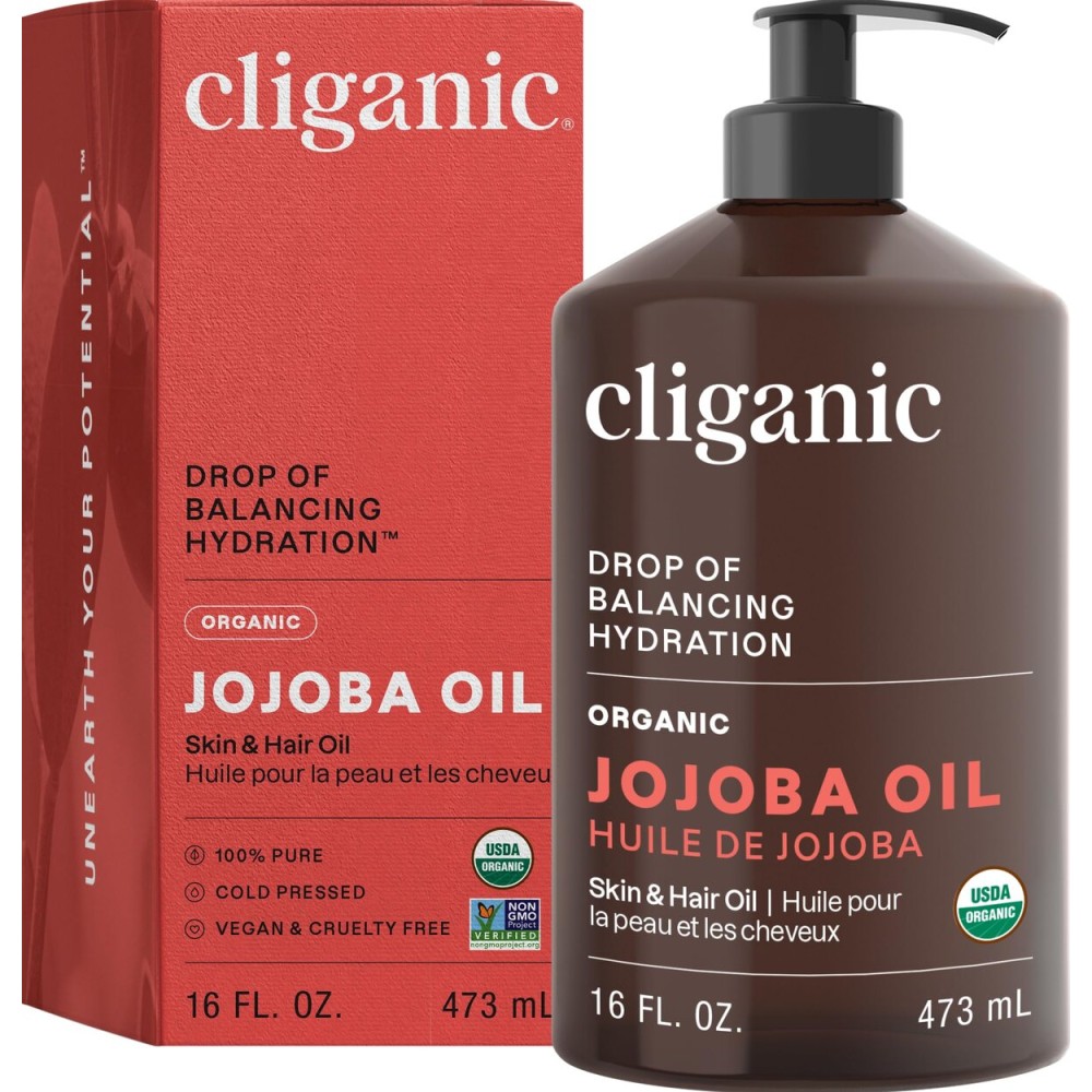 Cliganic Organic Jojoba Oil 16 oz, 100% Pure | Bulk, Natural Cold Pressed Unrefined Hexane Free for Hair & Face | Base Carrier Oil