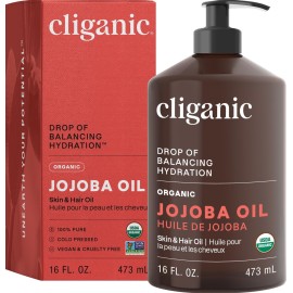 Cliganic Organic Jojoba Oil 16 oz, 100% Pure | Bulk, Natural Cold Pressed Unrefined Hexane Free for Hair & Face | Base Carrier Oil