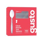 GUSTO [100 Pack] Heavyweight Clear Plastic Tea Spoons with Engraved Design - Disposable Sturdy Plastic Utensils for Parties, Weddings, and Events (Formerly Comfy Package)