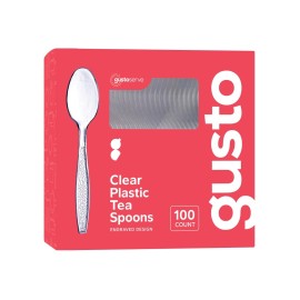 GUSTO [100 Pack] Heavyweight Clear Plastic Tea Spoons with Engraved Design - Disposable Sturdy Plastic Utensils for Parties, Weddings, and Events (Formerly Comfy Package)
