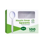 GUSTO [100 Pack] Heavyweight Clear Plastic Soup Spoons with Engraved Design - Disposable Sturdy Plastic Utensils for Parties, Weddings, and Events (Formerly Comfy Package)