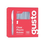 GUSTO [100 Pack Clear Plastic Knives Heavy Duty with Engraved Design - Disposable, Sturdy for Parties, Weddings, and Events-(Formerly Comfy Package)