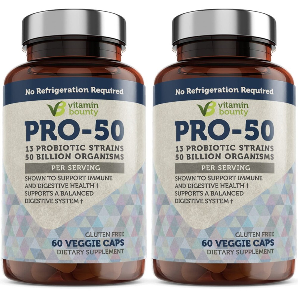 Vitamin Bounty Pro-50 Probiotic 50 Billion CFU - 13 Strain Supplement for Men & Women + Prebiotics - Digestive Health & Gut Support - Lactobacillus & Bifidobacterium - Delayed Release Capsules, 2 Pack