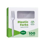 GUSTO [100 Pack] Heavyweight Clear Plastic Forks with Engraved Design - Disposable Sturdy Plastic Utensils for Parties, Weddings, and Events (Formerly Comfy Package)