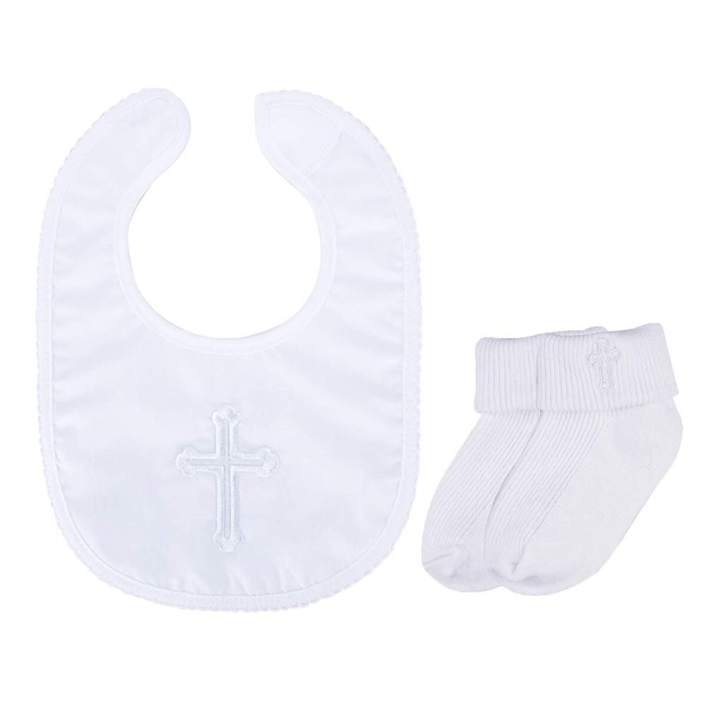Infant Baby Boys\' Girls\' Christening Baptism Embroidered Cross Bib and Socks for Outfits