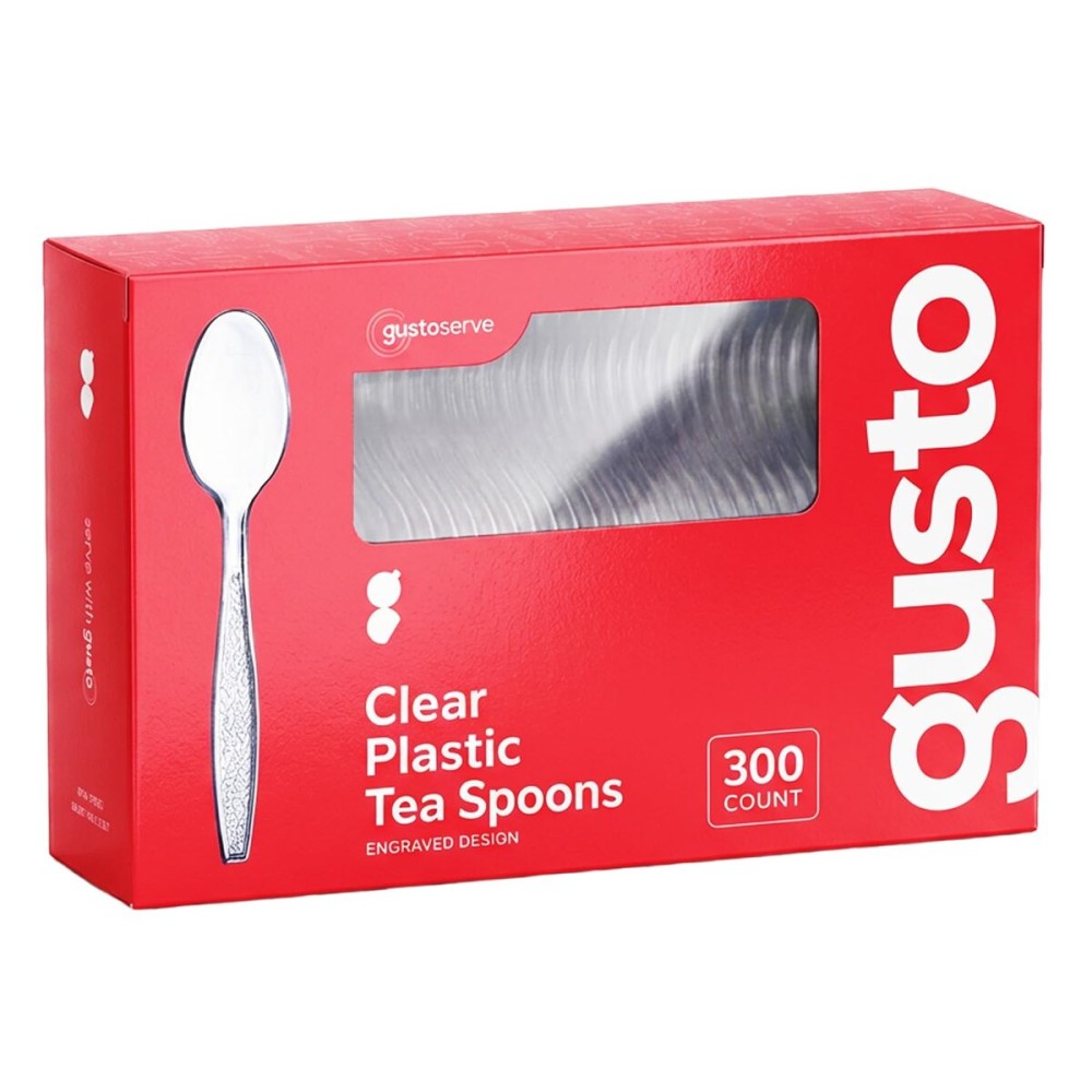 Comfy Package [300 Pack] Heavyweight Clear Plastic Tea Spoons with Engraved Design - Disposable Sturdy Plastic Utensils for Parties, Weddings, and Events