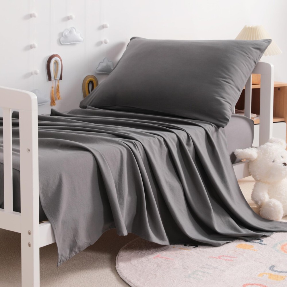 NTBAY Toddler Sheet Set - 3-Piece Microfiber Crib Sheet Set - Flat Sheet, Fitted Sheet, Pillowcase - Solid Toddler Bedding, Dark Grey