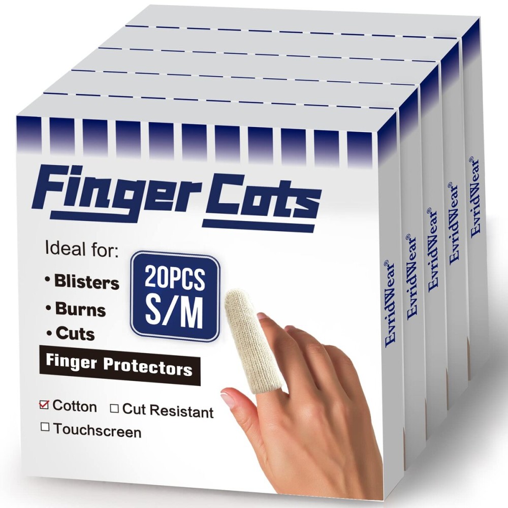 Evridwear Cotton Finger Cots Cotton Cushion 100PCS for Cracked Skin, Eczema, Calluses, Moisture Wicking, Finger Protection for Men & Women (5 Packs Short, 2)