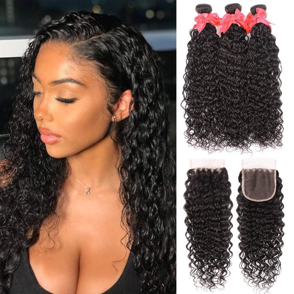 10A Water Wave Bundles with Closure (16 18 20 +14) Wet and Wavy Brazilian Virgin Human Hair 3 Bundles with 4x4 Lace Closure with Baby Hair Free Part 1B Curly Wave Human Hair Extensions