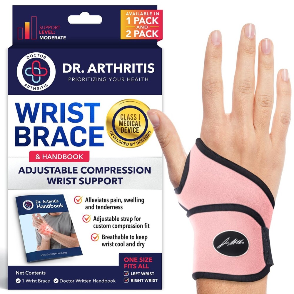 Doctor Developed Wrist Brace - Wrist wrap for Carpal Tunnel Arthritis,Tendonitis, Hand Support - Ideal for Fitness, Weightlifting - Handbook included (Pink, 1 Pack)