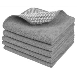 SINLAND Absorbent Microfiber Dish Cloths for Washing Dishes Best Kitchen Washcloth Cleaning Cloths with Poly Scour Side 12Inchx12 Inch 5 Pack, Grey