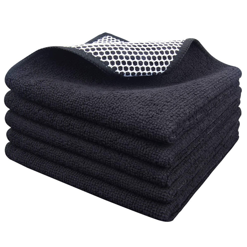 SINLAND Microfiber Dish Cloth for Washing DishesBest Kitchen Washcloth Cleaning Cloths with Poly Scour Side 12Inchx12Inch 5Pack, Black