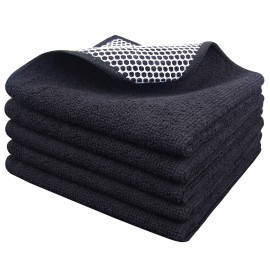 SINLAND Microfiber Dish Cloth for Washing DishesBest Kitchen Washcloth Cleaning Cloths with Poly Scour Side 12Inchx12Inch 5Pack, Black