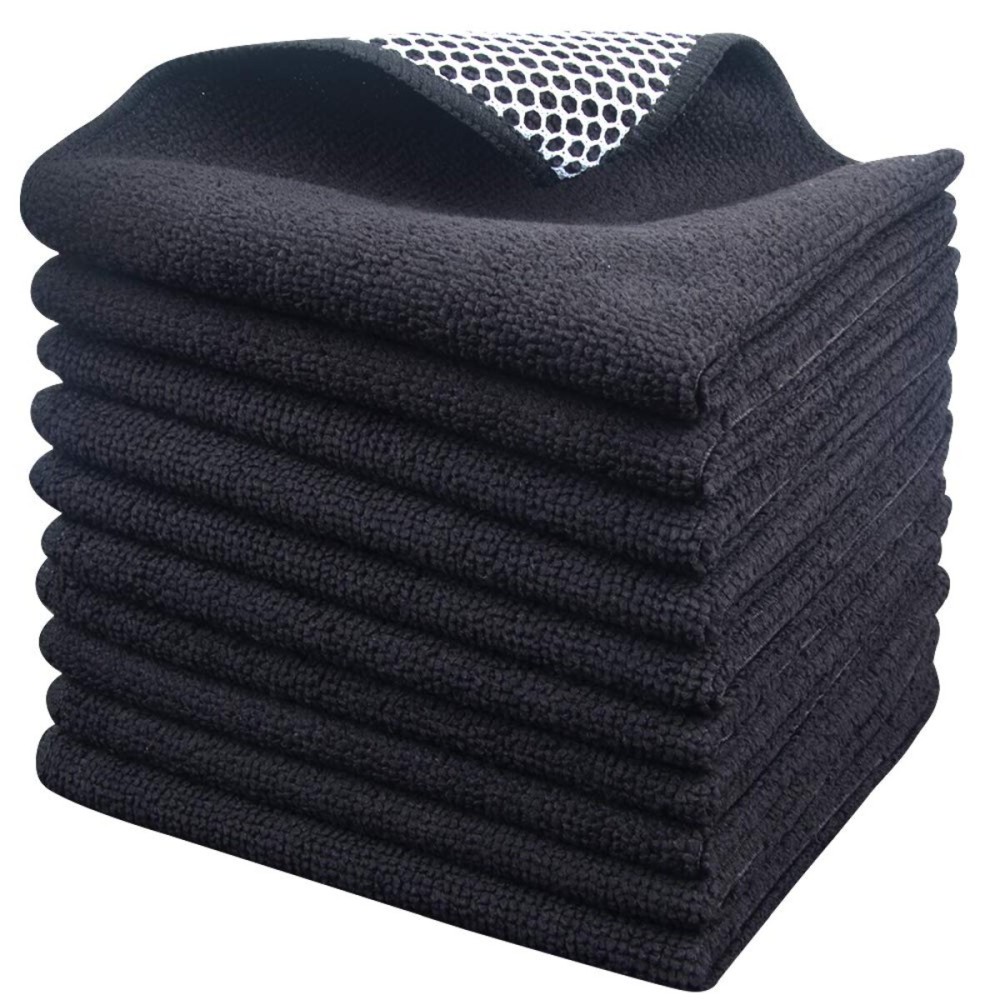 SINLAND Microfiber Dish Cloth for Washing Dishes Dish Washing Rags Best Kitchen Washcloth Cleaning Cloths Wash Cloths with Poly Scour Side 12Inchx12Inch 10 Pack Black