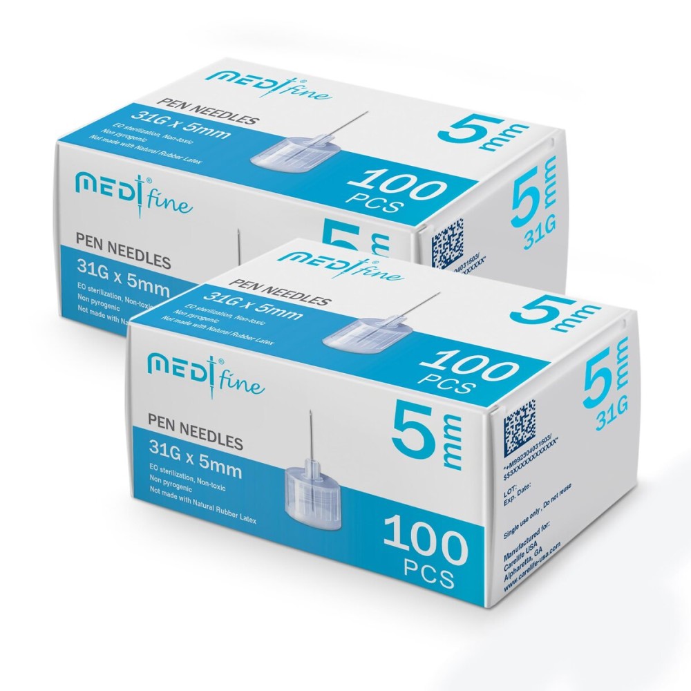Medt - Fine Insulin Pen Needles (31G 5mm) - Diabetic Needles for Insulin Injections, Ultra Fine Compatible with Most Diabetes Pens - 100 Ct, Pack of 2