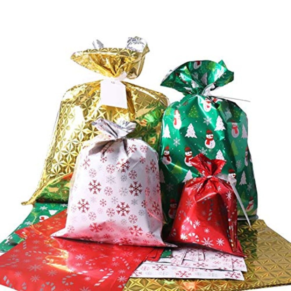 WesGen Christmas Gift Bags, 40Pcs Santa Wrapping Gift Bag in 4 Sizes and 4 Designs, with Ribbon Ties and Tags