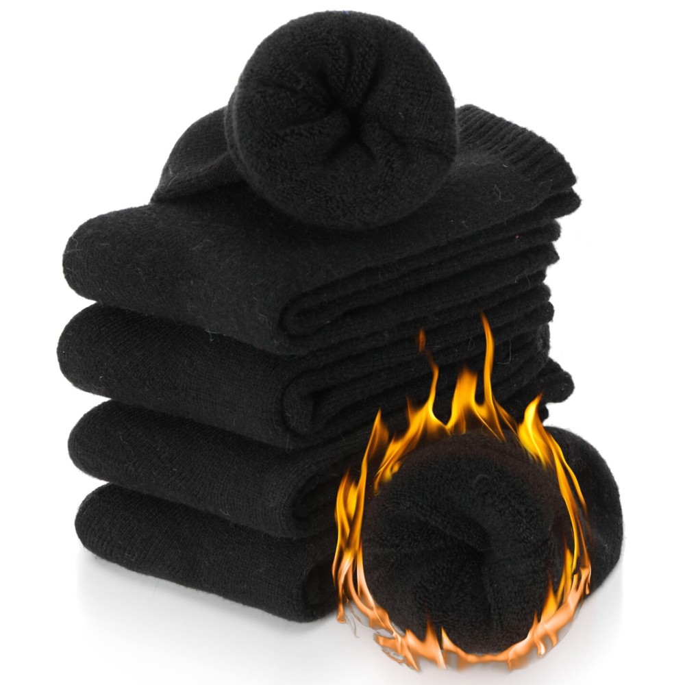 ProEtrade Merino Wool Socks Thermal Warm Winter Thick Hiking Boot Cabin Crew Cozy for Women Ladies Gift Stocking Stuffer Work Comfy Socks 5 Pack (Black Color) One Size