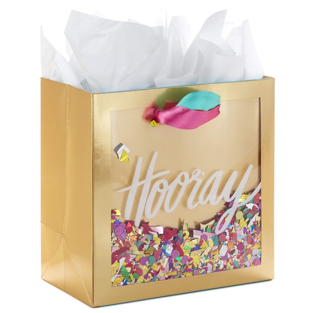Hallmark Signature 7 Medium Gift Bag with Tissue Paper (Hooray; Gold with Pink, Teal, Purple Confetti) for Bridal Showers, Graduations, Retirements and More